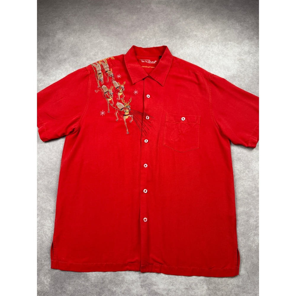 VTG Tori Richard Men L Red Silk Christmas Embroidered Santa Sleigh Shirt Festive